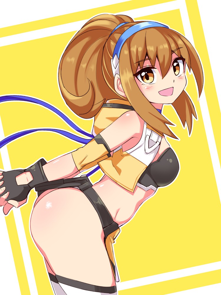 1girl ass azure_striker_gunvolt bangs black_gloves blush breasts brown_eyes brown_hair commentary_request cougar1404 fanny_pack from_side gloves gunvolt_chronicles_luminous_avenger_ix hair_between_eyes high_ponytail hood hooded_jacket jacket kohaku_(luminous_avenger_ix) medium_breasts midriff no_panties open_mouth ponytail sidelocks smile solo yellow_jacket