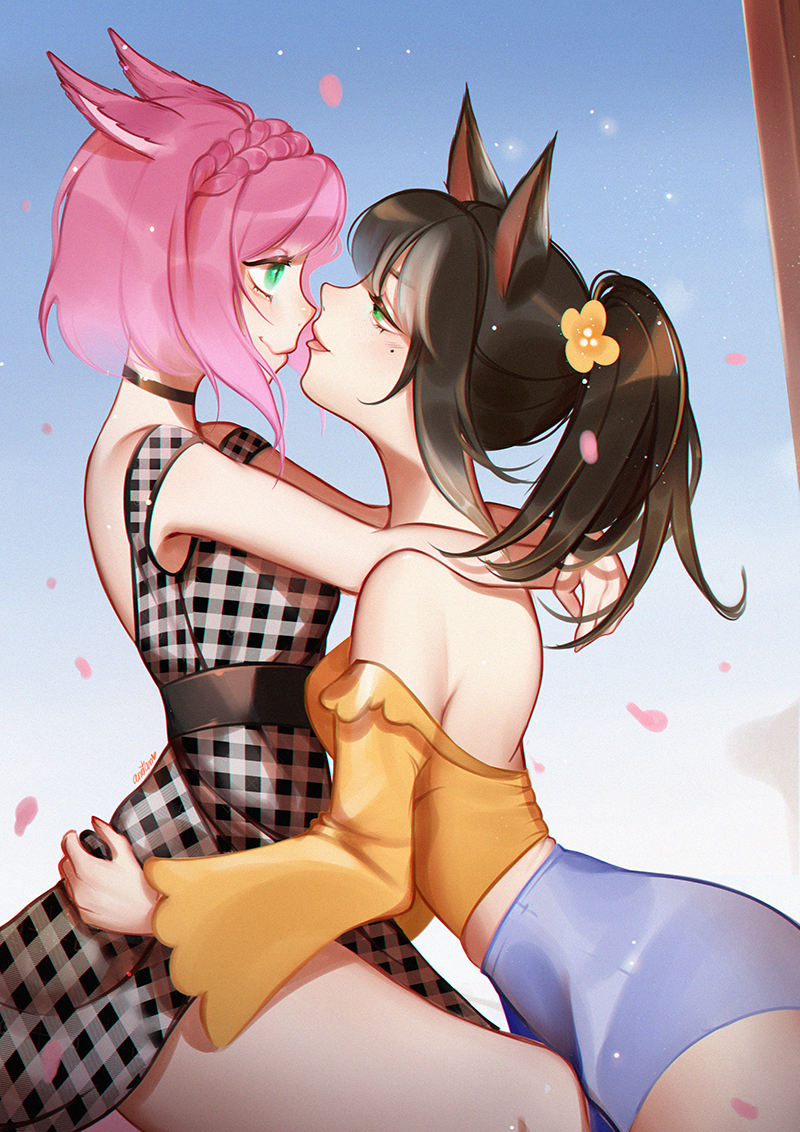 2girls animal_ears anntan arms_around_neck arms_around_waist artist_name backless_outfit braid brown_hair cat_ears choker commentary commission dress english_commentary green_eyes long_hair multiple_girls original pink_hair ponytail short_hair shorts strapless tongue tongue_out watermark yuri