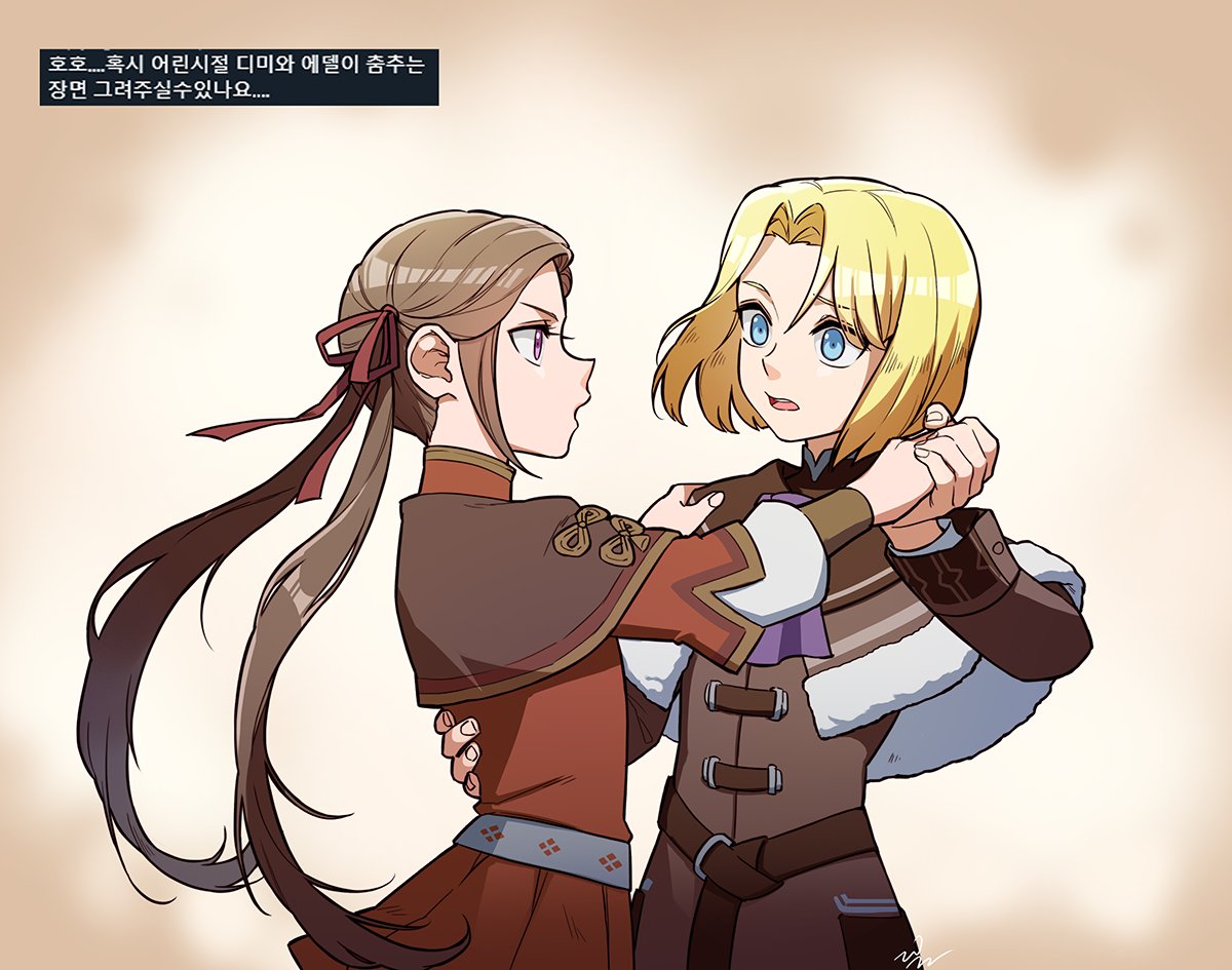 1boy 1girl blonde_hair blue_eyes brown_hair dancing dimitri_alexandre_blaiddyd drawingddoom edelgard_von_hresvelg eyebrows_visible_through_hair eyes_visible_through_hair fire_emblem fire_emblem:_three_houses hand_on_another's_shoulder holding_hands long_hair long_sleeves looking_at_another open_mouth standing teeth tongue translation_request upper_body violet_eyes watermark younger