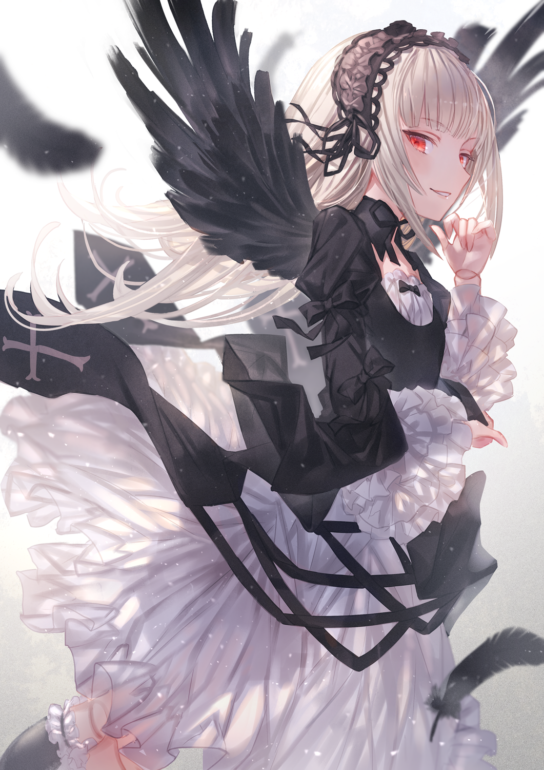 1girl black_wings doll_joints eyebrows_visible_through_hair feathered_wings feathers flat_chest gothic_lolita highres joints lolita_fashion long_hair looking_at_viewer makai_no_juumin parted_lips platinum_blonde_hair puffy_sleeves red_eyes rozen_maiden smile solo suigintou very_long_hair wings