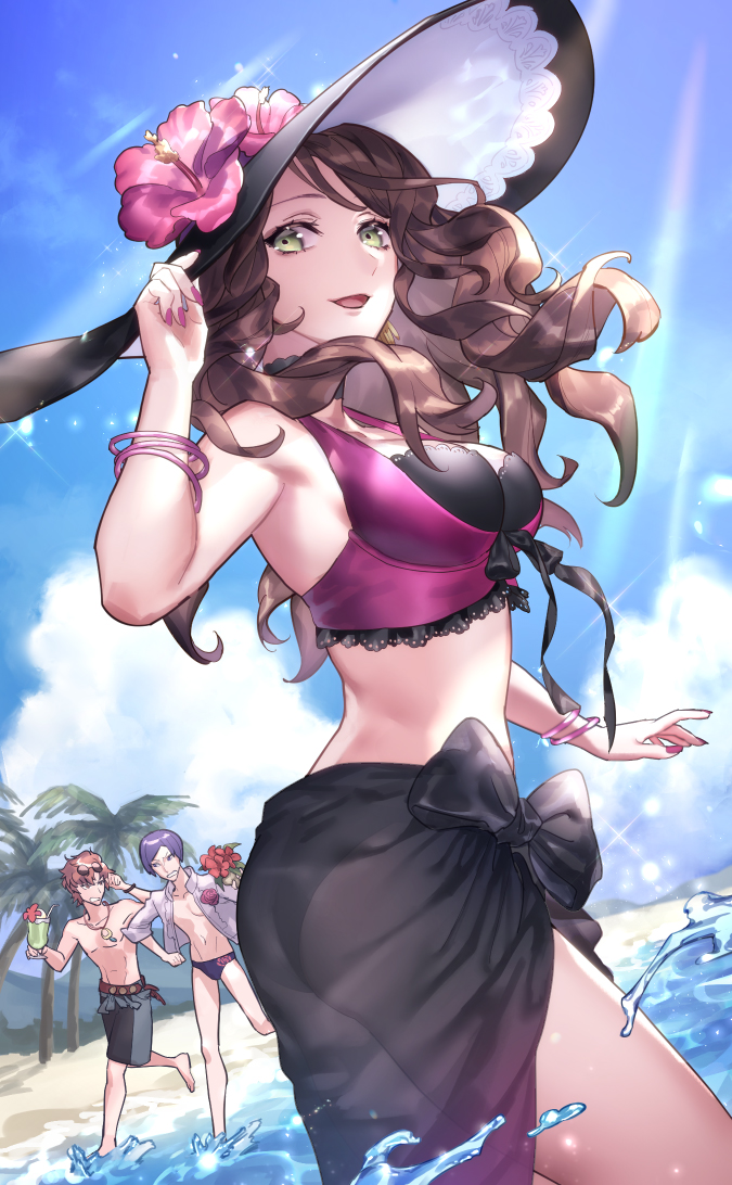 1girl 2boys beach bikini blue_sky bracelet brown_hair clouds cup day dorothea_arnault earrings eyewear_on_head fire_emblem fire_emblem:_three_houses fire_emblem_heroes flower from_side glass green_eyes hat hat_flower holding holding_cup jewelry long_hair looking_to_the_side lorenz_hellman_gloucester male_swimwear multiple_boys nail_polish open_mouth outdoors palm_tree purple_hair redhead see-through shirtless short_hair sky sunglasses swim_briefs swim_trunks swimsuit swimwear sylvain_jose_gautier tree user_mxwe7242 water