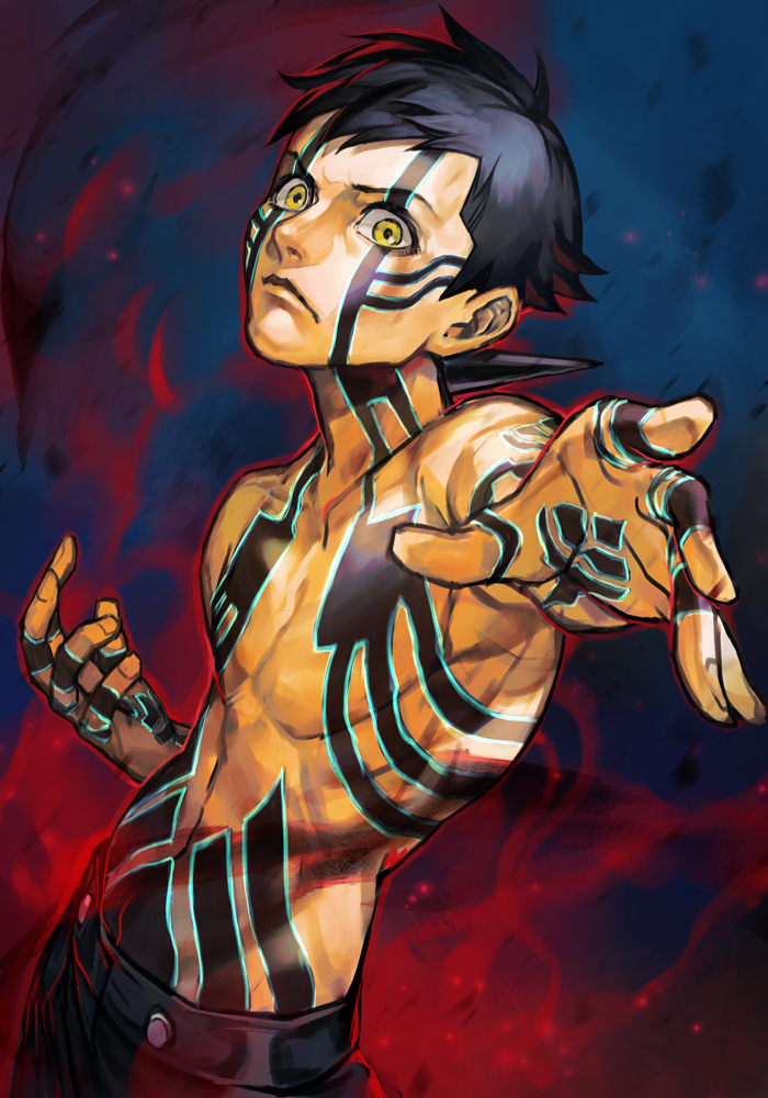 1boy black_hair chest closed_mouth full_body_tattoo hand_up hankuri hitoshura male_focus muscle navel outstretched_arm pale_skin shin_megami_tensei shin_megami_tensei_iii:_nocturne shirtless shorts solo standing tattoo yellow_eyes