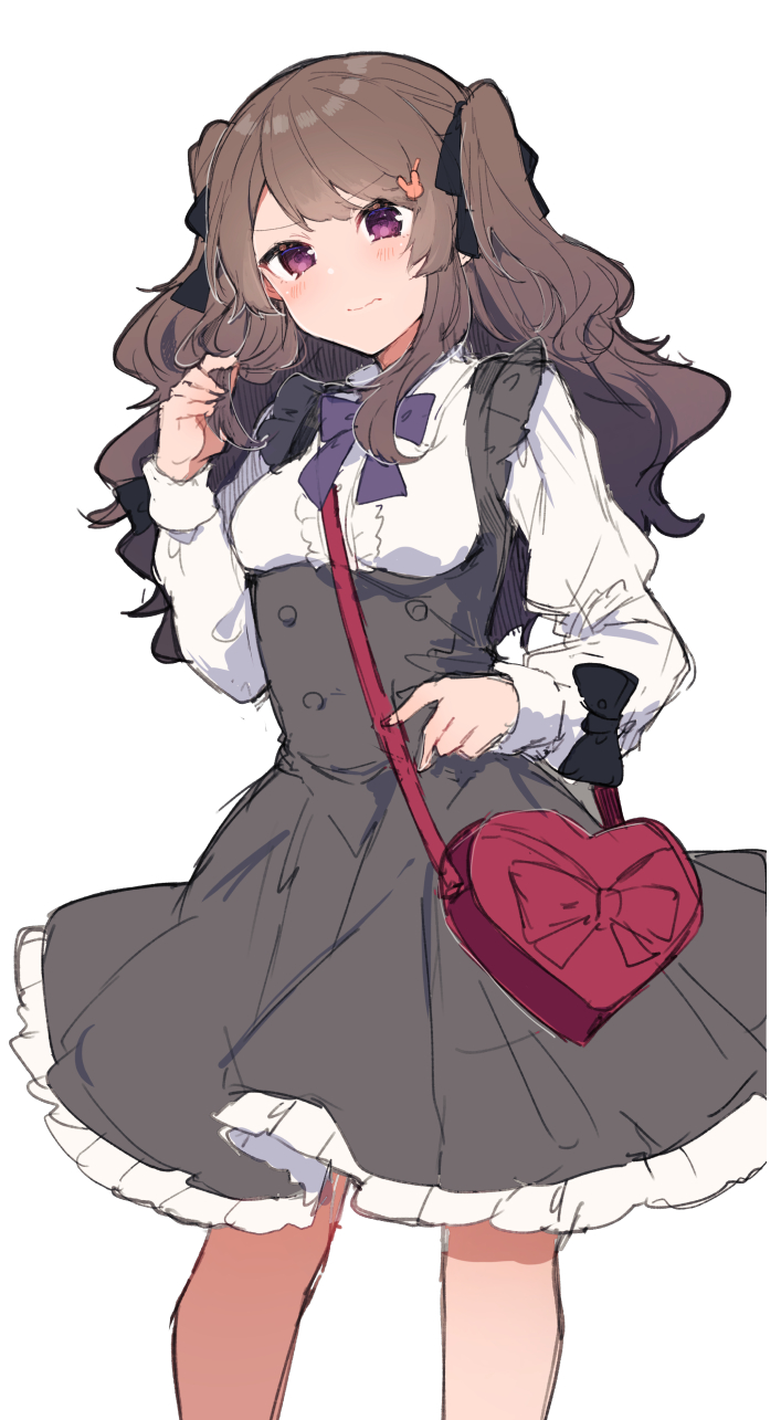1girl black_bow black_ribbon blush bow brown_hair closed_mouth double-breasted dress grey_dress hair_ribbon heart-shaped_bag highres ikeuchi_tanuma long_sleeves looking_at_viewer original ribbon shirt simple_background sketch solo standing suspenders two_side_up violet_eyes white_background white_shirt
