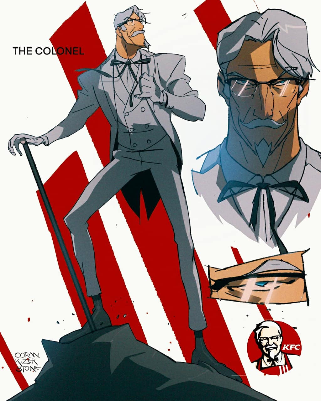 1boy blue_eyes cane colonel_sanders coran_stone english_commentary facial_hair formal full_body glasses highres kfc male_focus multiple_views mustache solo suit white_background white_hair white_suit