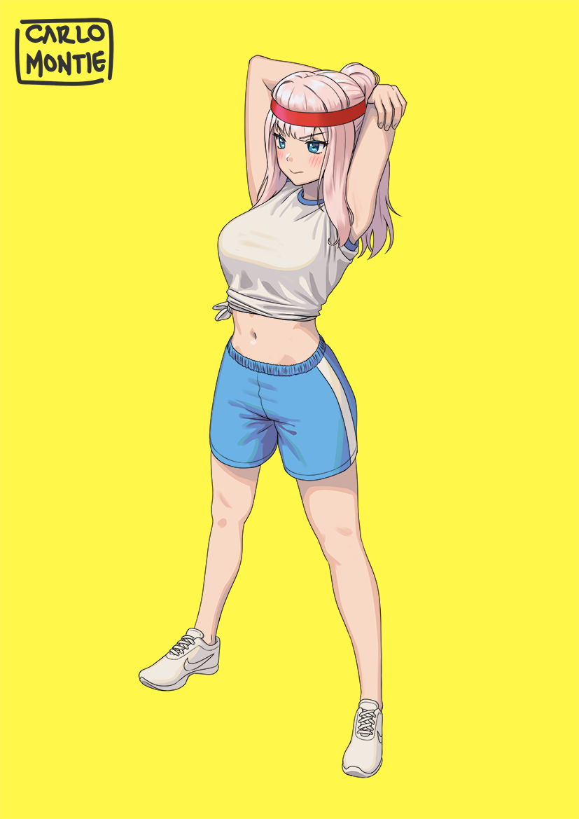 &gt;:) 1girl armpits arms_up artist_name bangs bare_legs blue_eyes blue_shorts blunt_bangs blush breasts carlo_montie closed_mouth commentary english_commentary eyebrows_visible_through_hair fujiwara_chika full_body gym_shirt gym_shorts gym_uniform headband kaguya-sama_wa_kokurasetai_~tensai-tachi_no_renai_zunousen~ large_breasts long_hair midriff navel pink_hair ponytail shirt shoes shorts simple_background sleeveless sleeveless_shirt smile sneakers solo standing stomach stretch tied_shirt white_footwear white_shirt yellow_background