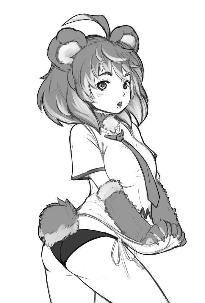 1girl ahoge animal_ears ass bear_ears bear_tail claws cowboy_shot fur_collar greyscale grizzly_(monster_girl_encyclopedia) looking_at_viewer maritan_(pixelmaritan) monochrome monster_girl_encyclopedia necktie panties parted_lips paws shirt short_sleeves side-tie_panties simple_background solo standing tail underwear white_background