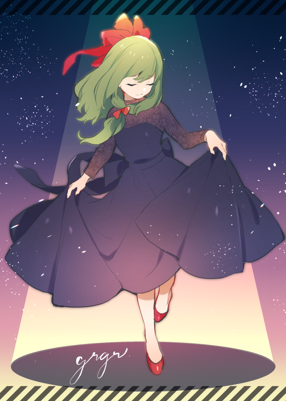 1girl akagashi_hagane alternate_costume black_dress bow closed_eyes dress front_ponytail green_hair hair_bow kagiyama_hina long_sleeves red_bow red_footwear shoes signature skirt_hold solo spotlight touhou waist_bow