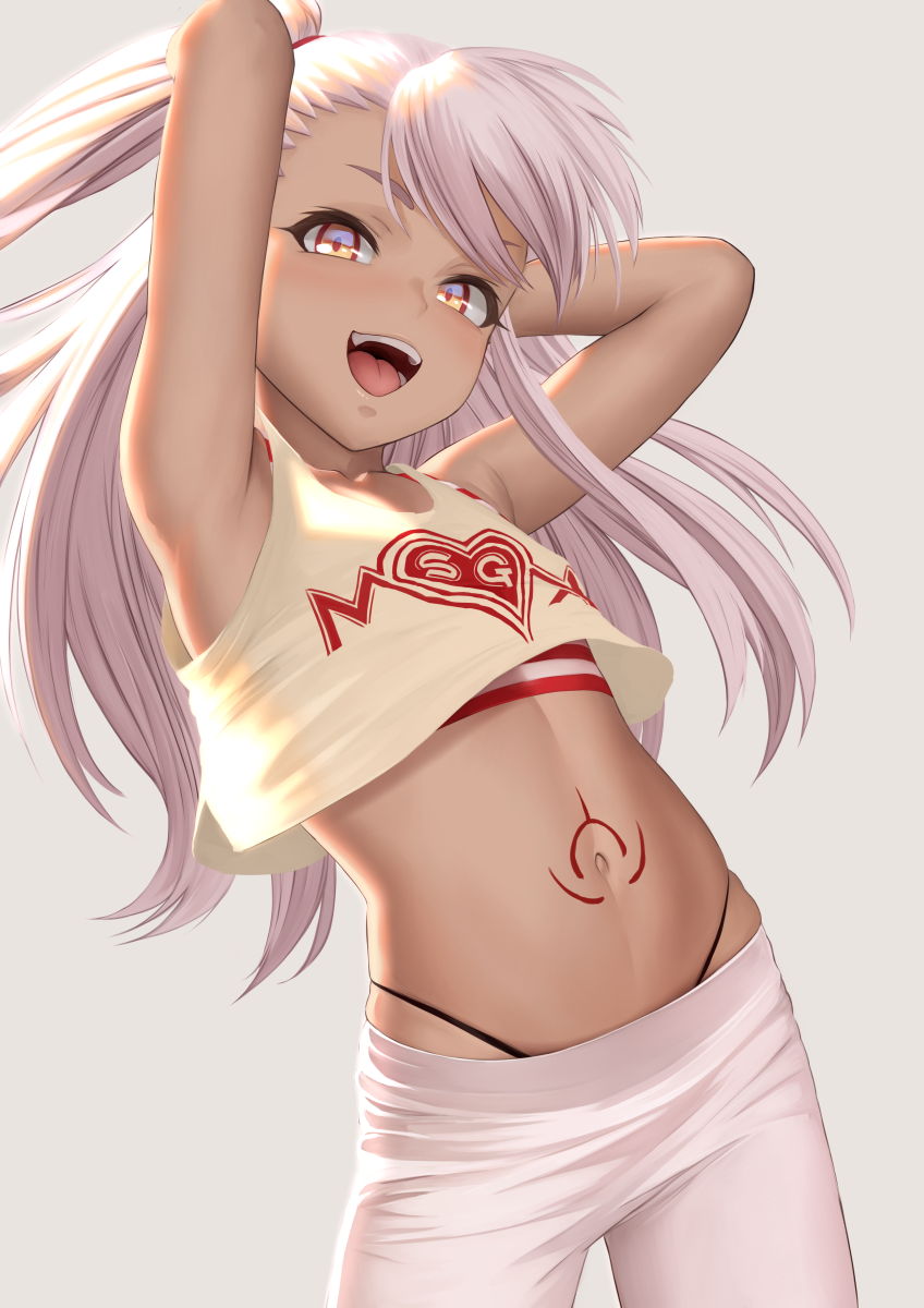 1girl armpits arms_behind_head arms_up bangs bare_shoulders black_panties blush breasts chloe_von_einzbern crop_top dark_skin fate/kaleid_liner_prisma_illya fate_(series) highleg highleg_panties highres long_hair looking_at_viewer midriff navel one_side_up open_mouth orange_eyes panties pants pink_hair shirt small_breasts smile stomach_tattoo swept_bangs tattoo thighs tight tight_pants underwear white_pants yamaneko_(tkdrumsco) yellow_shirt yoga_pants