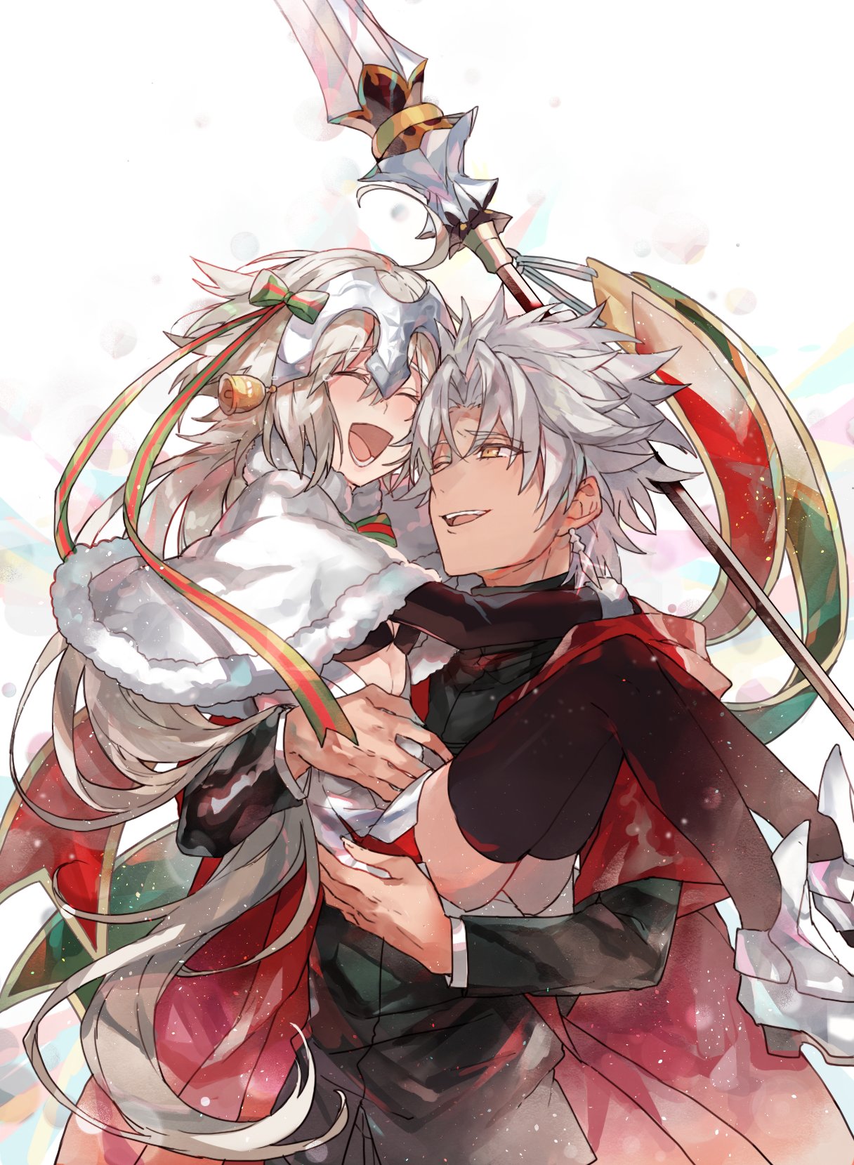 1boy 1girl :d absurdly_long_hair amakusa_shirou_(fate) ankle_boots bell black_bra black_jacket black_legwear boots bra capelet carrying character_request diadem earrings fate/grand_order fate_(series) fur-trimmed_capelet fur_trim grey_hair habit hair_bell hair_ornament happy_tears high_heel_boots high_heels highres holding holding_staff jacket jeanne_d'arc_(fate)_(all) jeanne_d'arc_alter_santa_lily jewelry long_hair long_sleeves open_mouth princess_carry smile staff tears thigh-highs underwear very_long_hair waltz_(tram) white_capelet