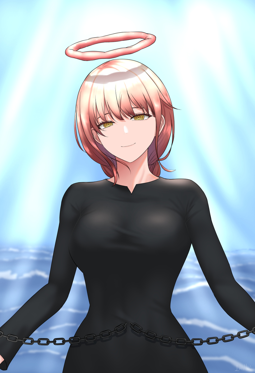 1girl 1nilla' black_dress blue_sky breasts brown_hair chain chainsaw_man dress halo highres light_smile long_hair long_sleeves looking_at_viewer makima_(chainsaw_man) medium_breasts ocean ringed_eyes sky smile solo sunlight v-neck wide_hips yellow_eyes