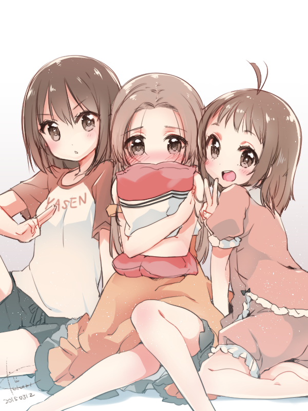 3girls alternate_costume alternate_hairstyle antenna_hair black_shorts brown_eyes brown_hair casual clothes_writing commentary_request covering_mouth dated dress feet_out_of_frame frilled_shirt frilled_shorts frills hair_down jintsuu_(kantai_collection) kantai_collection koruri looking_at_viewer multiple_girls naka_(kantai_collection) orange_dress pillow pillow_hug sendai_(kantai_collection) shirt shorts signature simple_background sitting sleepwear t-shirt white_background