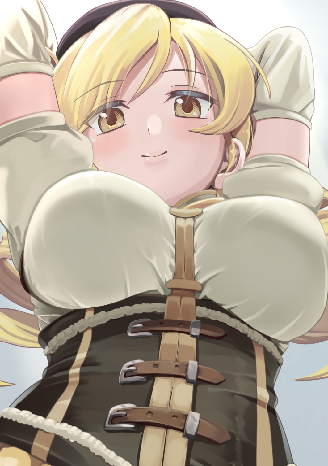1girl arm_warmers arms_up beret black_headwear blonde_hair breasts buckle chicken_(chickenx) closed_mouth corset drill_hair hat highres large_breasts looking_at_viewer mahou_shoujo_madoka_magica short_hair smile solo tomoe_mami twin_drills upper_body yellow_eyes