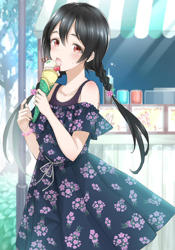 1girl alternate_hairstyle bangs bare_shoulders black_dress black_hair bracelet braid collarbone commentary_request crepe day dress floral_print food hair_between_eyes holding holding_food jewelry licking long_hair looking_at_viewer love_live! love_live!_school_idol_project low_twintails off-shoulder_dress off_shoulder outdoors pleated_dress print_dress red_eyes sakasa_(guranyto) short_sleeves solo stall tongue tongue_out twin_braids twintails very_long_hair yazawa_nico