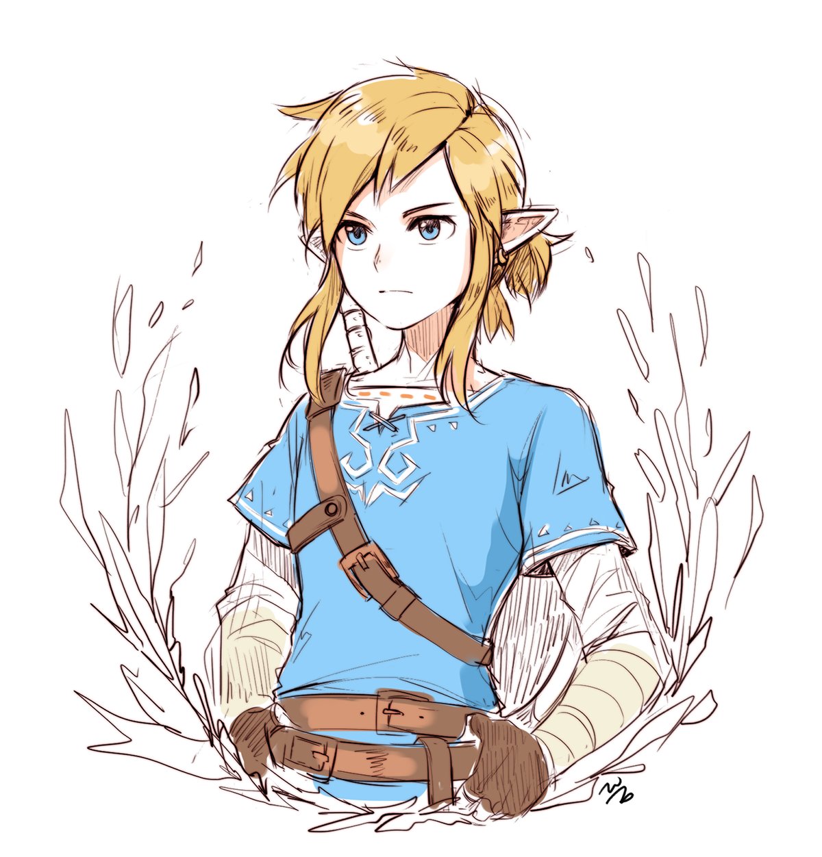 1boy belt belt_buckle blonde_hair blue_eyes buckle commentary_request drawingddoom earrings fingerless_gloves gloves highres jewelry link long_sleeves pointy_ears ponytail shirt simple_background solo sword the_legend_of_zelda the_legend_of_zelda:_breath_of_the_wild upper_body watermark weapon white_background