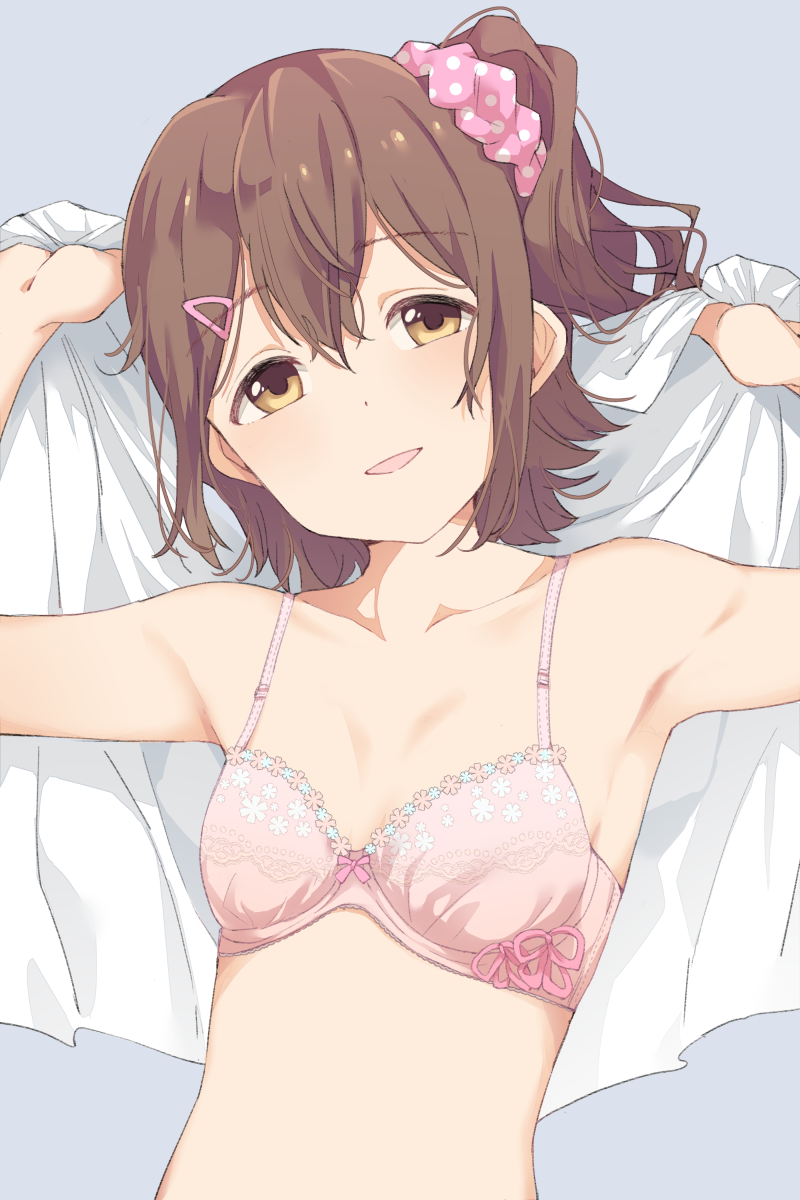 1girl armpits arms_up bangs bare_shoulders bow bow_bra bra breasts brown_eyes brown_hair collarbone commentary_request eyebrows_visible_through_hair floral_print grey_background hair_between_eyes hair_ornament hair_scrunchie hairclip head_tilt highres hiroki_(yyqw7151) idolmaster idolmaster_million_live! kasuga_mirai light_blush looking_at_viewer one_side_up parted_lips pink_bow pink_bra pink_ribbon pink_scrunchie polka_dot polka_dot_scrunchie print_bra ribbon scrunchie shirt short_hair sidelocks simple_background small_breasts smile solo underwear undressing upper_body white_shirt