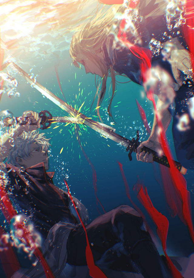 2boys fighting gintama hair_slicked_back holding holding_sword holding_weapon japanese_clothes kataruruni light_brown_hair long_hair male_focus multiple_boys sakata_gintoki short_hair short_sleeves silver_hair sword sword_clash underwater utsuro weapon