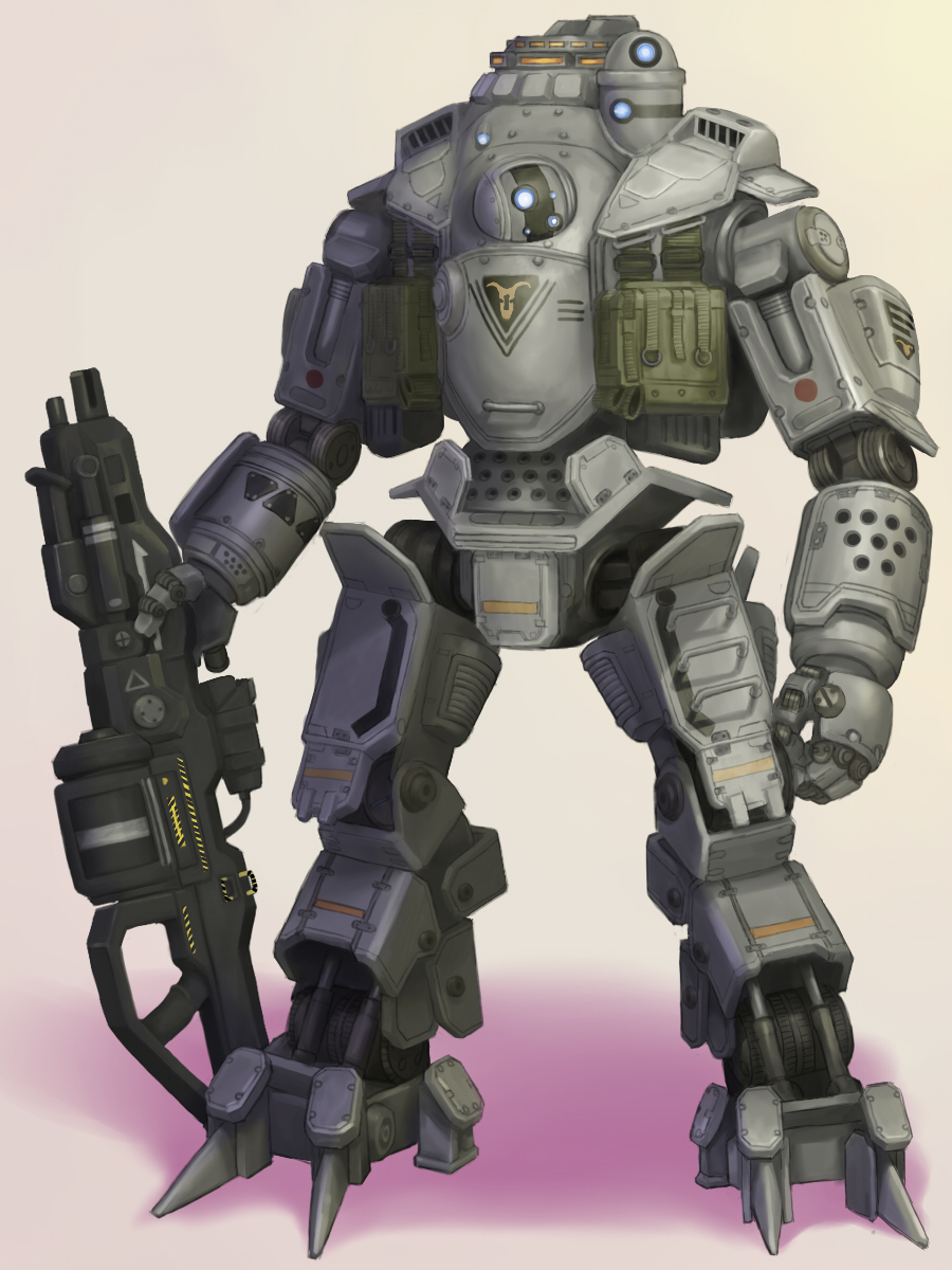atlas_(titanfall) beige_background gun hdfm highres holding holding_gun holding_weapon looking_to_the_side mecha no_humans open_hand robot shadow solo standing titanfall weapon