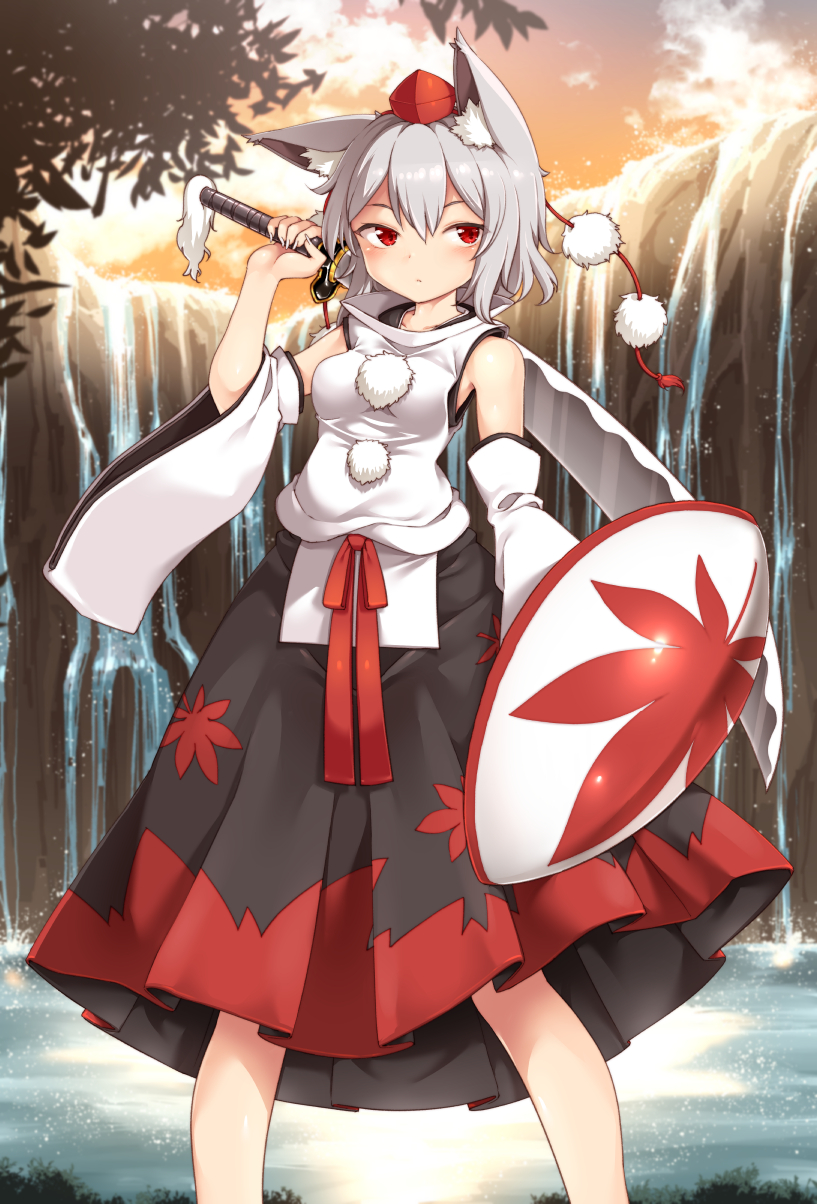1girl black_skirt breasts clouds commentary_request commission detached_sleeves fingernails grey_hair hair_between_eyes harusame_(unmei_no_ikasumi) hat highres holding holding_shield holding_sword holding_weapon inubashiri_momiji leaf_print legs_apart long_fingernails looking_at_viewer maple_leaf_print medium_breasts medium_hair outdoors pom_pom_(clothes) red_eyes red_headwear shield shirt skirt solo standing sword tassel tokin_hat touhou water waterfall weapon white_shirt wide_sleeves