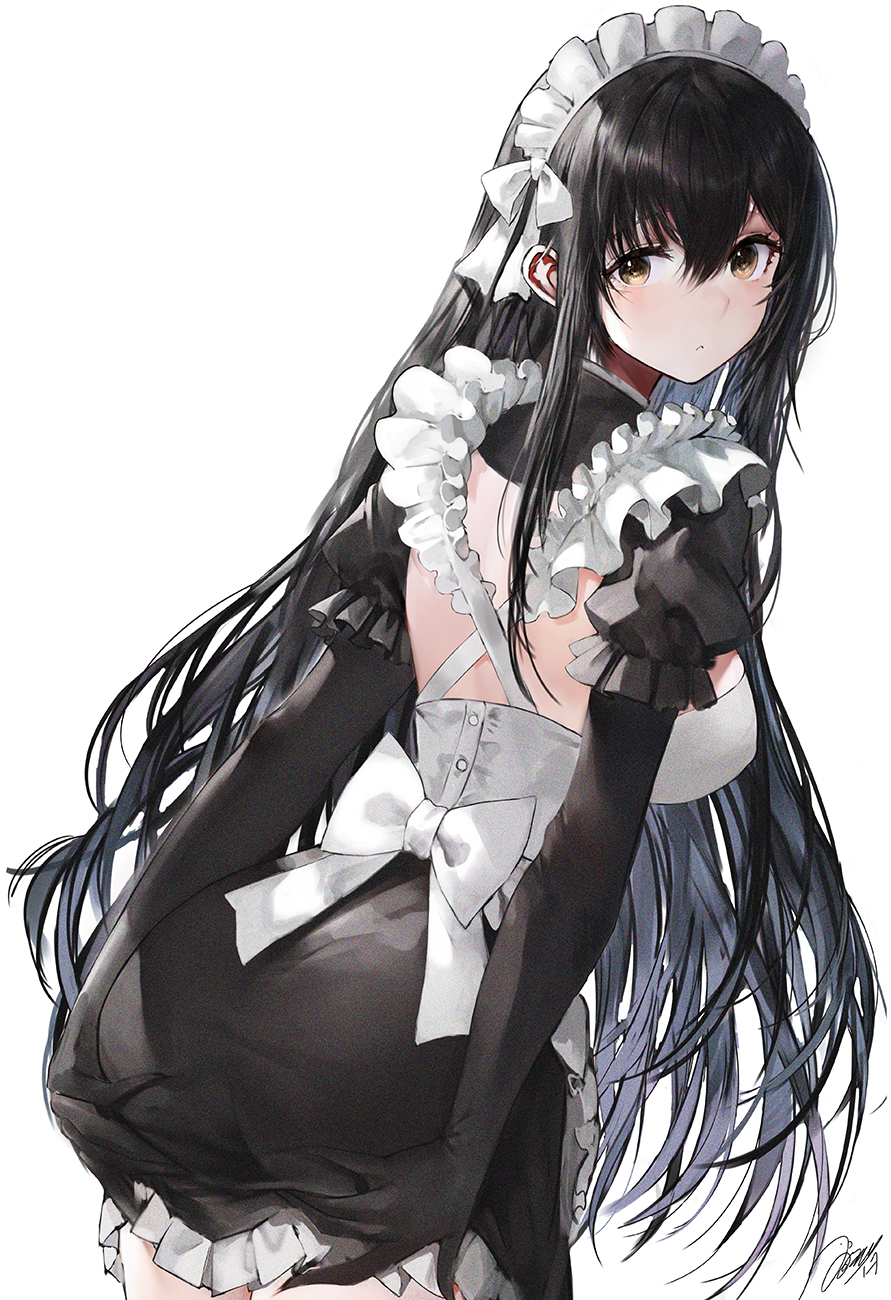 1girl :&lt; apron ass ass_support back_bow black_dress black_gloves black_hair bow breasts brown_eyes closed_mouth commentary_request cowboy_shot dress elbow_gloves frilled_dress frilled_sleeves frills from_behind gloves haori_iori highres leaning_forward long_hair looking_at_viewer looking_back maid maid_headdress medium_breasts original short_sleeves signature simple_background solo straight_hair very_long_hair white_apron white_background white_bow