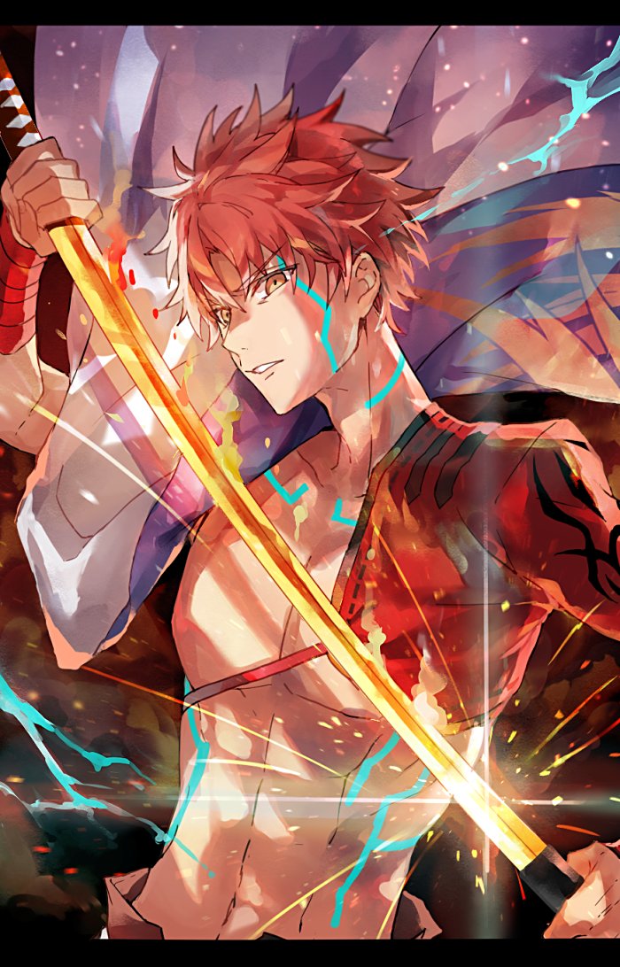 1boy abs cape embers emiya_shirou fate/grand_order fate_(series) holding holding_sword holding_weapon katana letterboxed looking_at_viewer male_focus navel parted_lips redhead scabbard sengo_muramasa_(fate) sheath shrug_(clothing) solo sparks sword unsheathing upper_body waltz_(tram) weapon wristband yellow_eyes