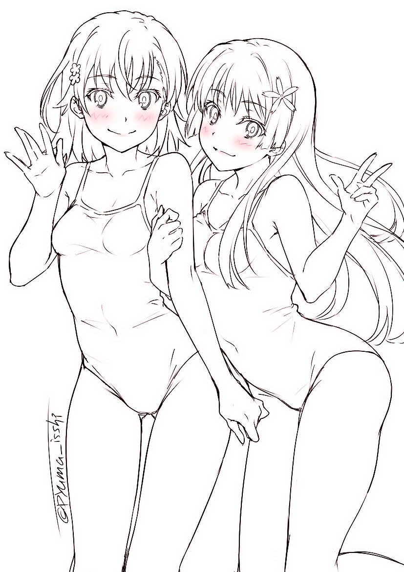 1girl arm_hug ass_visible_through_thighs breasts collarbone competition_school_swimsuit cowboy_shot flower hair_flower hair_ornament lineart long_hair looking_at_viewer misaka_mikoto monochrome puma_(hyuma1219) saten_ruiko school_swimsuit short_hair small_breasts solo swimsuit to_aru_kagaku_no_railgun to_aru_majutsu_no_index twitter_username v waving