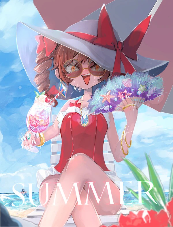 afloat beach beach_chair blue_eyes blue_hair bracelet cherry clouds coral crossed_legs cup drill_hair drink drinking_straw english_text fan flower food fruit glass hair_ribbon hat hat_ribbon holding holding_cup holding_fan ice ice_cream jewelry leaf nail_polish necklace ocean open_mouth orange_hair outdoors red_flower ribbon ring seashell shell smile starfish sun_hat sunglasses sunlight swimsuit touhou tropical tropical_drink twin_drills yorigami_jo'on yorigami_shion