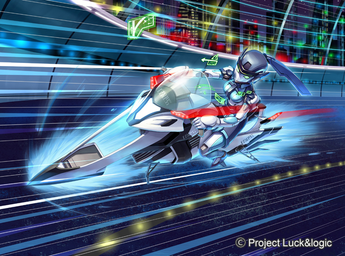 1girl commentary copyright_name green_eyes ground_vehicle looking_to_the_side luck_&amp;_logic mecha mechanical_skirt megaru motor_vehicle motorcycle no_humans official_art police souto_(0401) vehicle_focus watermark