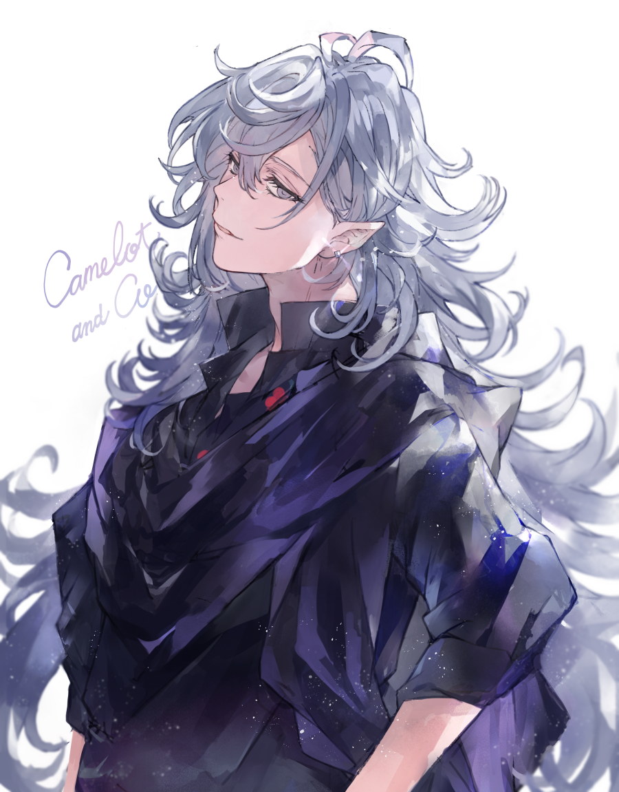 1boy black_shirt collared_shirt earrings fate/grand_order fate_(series) glint grey_eyes grey_hair jewelry long_hair male_focus merlin_(fate) pointy_ears popped_collar shirt simple_background smile solo upper_body very_long_hair waltz_(tram) white_background