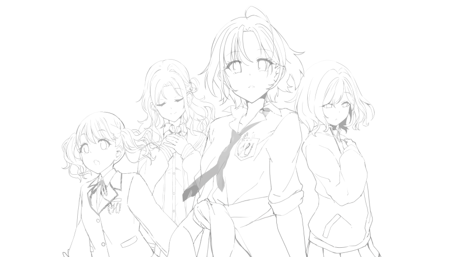 4girls ahoge asakura_tooru badge bangs blazer breast_pocket button_badge byougaku closed_eyes clothes_around_waist commentary_request fukumaru_koito greyscale hair_ornament hairclip hands_on_own_chest higuchi_madoka ichikawa_hinana idolmaster idolmaster_shiny_colors jacket jacket_around_waist long_hair long_sleeves looking_at_viewer monochrome multiple_girls navel neck_ribbon necktie noctchill_(idolmaster) open_collar parted_bangs pen_in_pocket pleated_skirt pocket puffy_short_sleeves puffy_sleeves ribbon school_uniform short_hair short_sleeves side_bun skirt sleeveless sleeves_rolled_up sweatshirt thumbnail_surprise translation_request transparent_background twintails