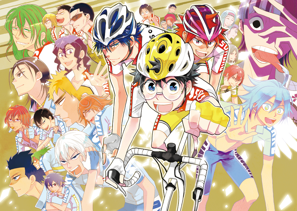 &gt;:( &gt;:) 6+boys :d ^_^ ahoge aqua_eyes aqua_hair bicycle bicycle_helmet bike_jersey bike_shorts black_eyes black_hair blue_eyes blue_hair blue_shirt blue_shorts bottle bright_pupils character_request closed_eyes collared_shirt commentary_request crossed_arms disconnected_mouth everyone fingerless_gloves flipped_hair food_in_mouth foreshortening furrowed_eyebrows glasses gloves glowing gradient_eyes green_hair green_shirt ground_vehicle hair_between_eyes headband helmet holding holding_bottle imaizumi_shunsuke looking_at_another looking_at_viewer looking_away looking_to_the_side manami_sangaku medium_hair mole mole_under_mouth multicolored multicolored_clothes multicolored_eyes multicolored_gloves multicolored_hair multicolored_shorts multiple_boys naruko_shoukichi no_pupils one_eye_covered onoda_sakamichi open_mouth orange_hair outline pointing pointing_up profile purple_hair reaching_out red_eyes red_shirt redhead riding_bicycle sakatamai shiny shiny_hair shirt short_hair short_sleeves shorts smile streaked_hair striped striped_headband striped_legwear sunglasses thick_eyebrows thighs tight tongue tongue_out two-tone_hair upper_teeth v-shaped_eyebrows very_short_hair water_bottle wavy_hair white_hair white_pupils white_shirt yellow_background yellow_shorts yowamushi_pedal