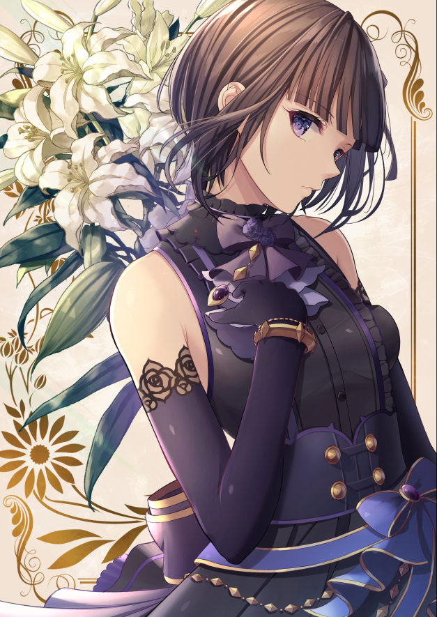 1girl bangs bare_shoulders black_dress black_gloves blue_bow bow breasts brown_background brown_hair closed_mouth commentary_request dress elbow_gloves eyebrows_visible_through_hair floral_background flower frilled_dress frills gloves hand_up idolmaster idolmaster_cinderella_girls looking_at_viewer migimaki_(migi_mawashi) shirayuki_chiyo short_hair sleeveless sleeveless_dress small_breasts solo violet_eyes white_flower