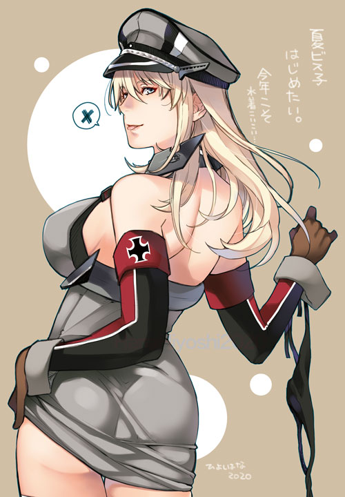 1girl ass bismarck_(kantai_collection) blonde_hair blue_eyes brown_gloves commentary_request cowboy_shot detached_sleeves from_behind gloves hat hiyoshi_hana holding holding_panties iron_cross kantai_collection lips military military_hat military_uniform panties panties_removed peaked_cap solo speech_bubble spoken_x translation_request two-tone_background underwear uniform