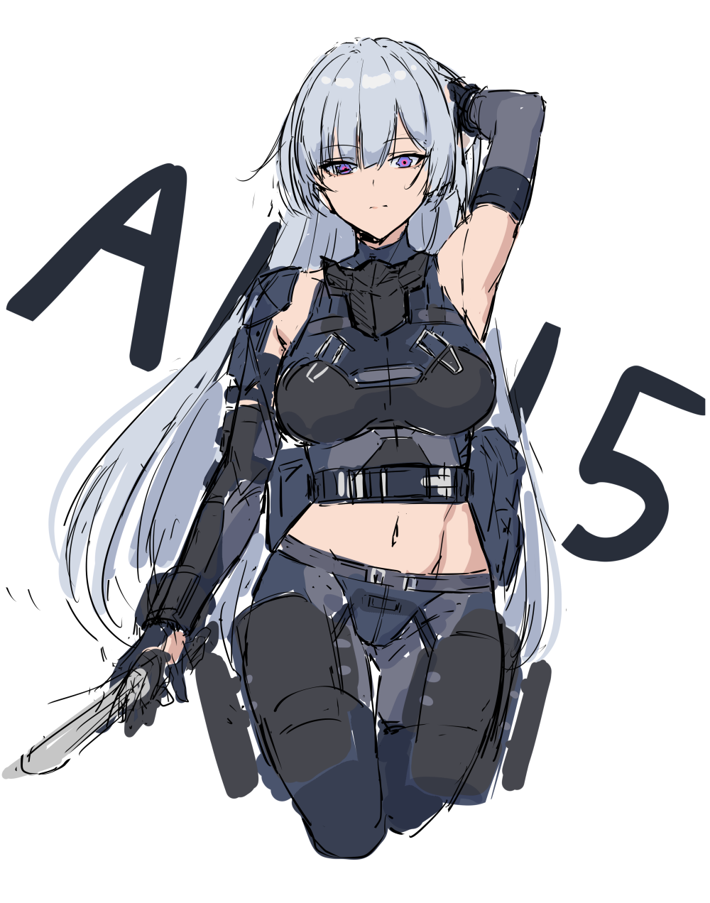 1girl ak-15_(girls_frontline) arm_on_head armpits artificial_eye bangs bare_shoulders breasts character_name detached_sleeves eyebrows_visible_through_hair girls_frontline highres holding holding_knife knife large_breasts long_hair mask_around_neck midriff mistrie navel pants silver_hair tactical_clothes thigh_pouch violet_eyes