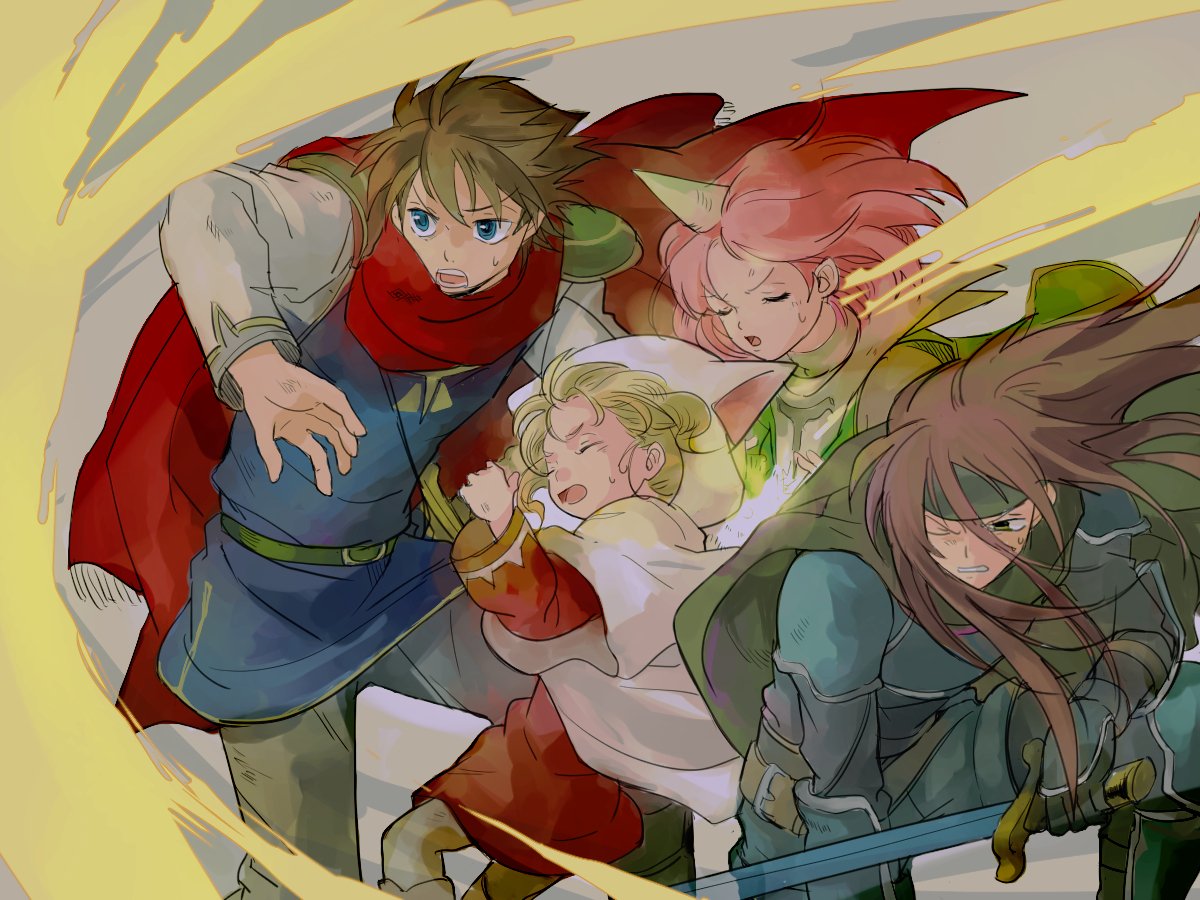 1boy 3girls animal_ears armor blonde_hair blowing blue_eyes blue_tunic brown_hair butz_klauser cape casting_spell cat_ears fake_animal_ears faris_scherwiz fighting final_fantasy final_fantasy_v force_field green_cape himeja82 horns kneeling knight_(final_fantasy) krile_mayer_baldesion lenna_charlotte_tycoon mime_(final_fantasy) multiple_girls pauldrons pink_hair purple_hair red_cape shoulder_armor single_horn summoner_(final_fantasy) sword weapon white_mage white_robe wind