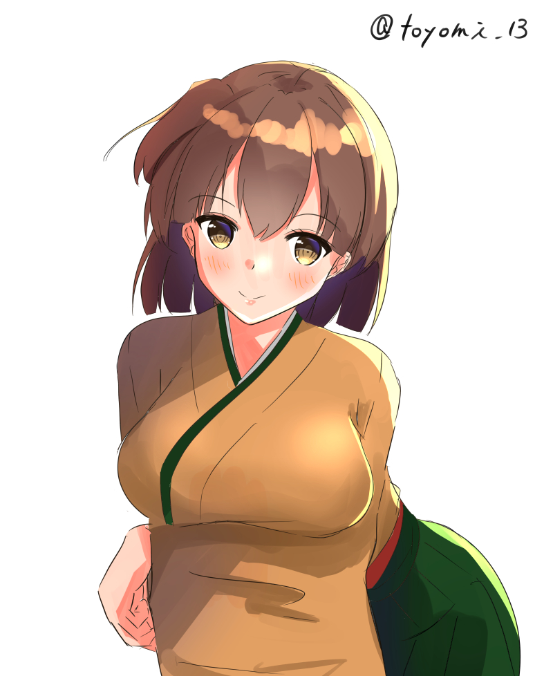 1girl breasts brown_eyes brown_hair cowboy_shot green_hakama hakama hiryuu_(kantai_collection) japanese_clothes kantai_collection kimono large_breasts looking_at_viewer one_side_up short_hair simple_background solo toyomi_13 twitter_username white_background yellow_kimono