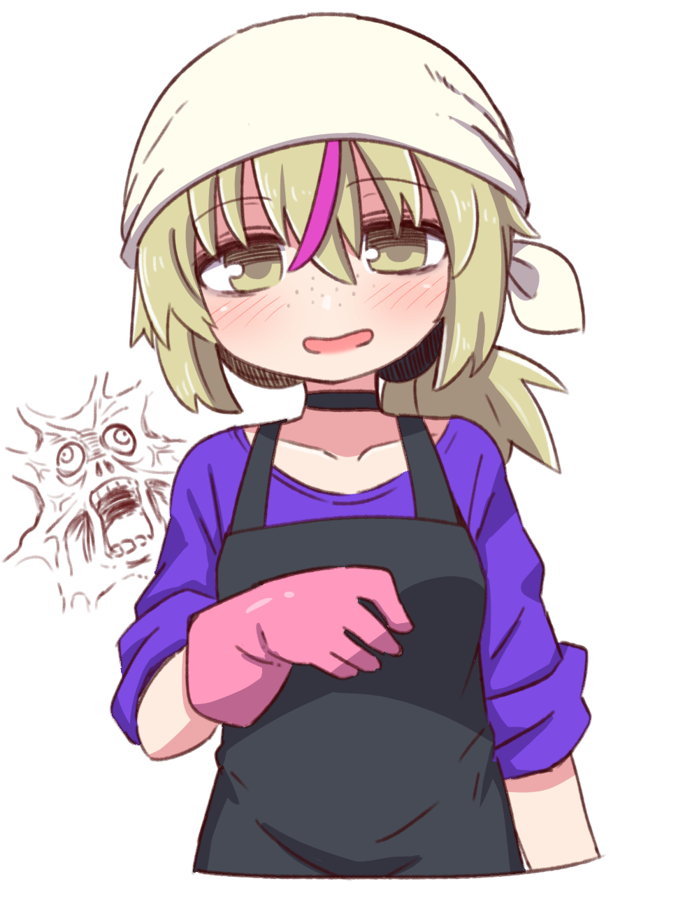 1girl apron bangs black_apron black_choker blush brown_eyes brown_hair character_request choker collarbone cropped_torso eyebrows_visible_through_hair freckles gloves hair_between_eyes head_scarf highres long_hair low_ponytail multicolored_hair naga_u parted_lips pink_gloves pink_hair ponytail purple_shirt rubber_gloves shirt short_sleeves simple_background sleeves_rolled_up smile solo streaked_hair tonari_no_figure_genkeishi upper_body white_background