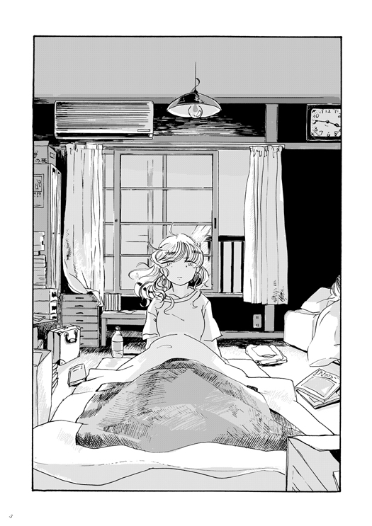 bedroom bottle box clock curtains futon lettre magazine maribel_hearn messy_hair messy_room nib_pen_(medium) pajamas sleepwear touhou traditional_media under_covers waking_up wall_clock window