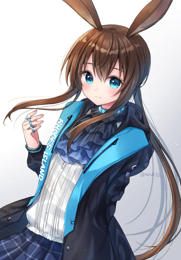 1girl amiya_(arknights) animal_ears anz32 arknights ascot bangs black_jacket blue_eyes blue_neckwear blue_skirt blush brown_hair closed_mouth commentary_request eyebrows_visible_through_hair fingernails gradient gradient_background grey_background hair_between_eyes hood hood_down hooded_jacket jacket jewelry long_hair long_sleeves low_ponytail open_clothes open_jacket pleated_skirt ponytail rabbit_ears ring shirt skirt smile solo twitter_username very_long_hair white_background white_shirt