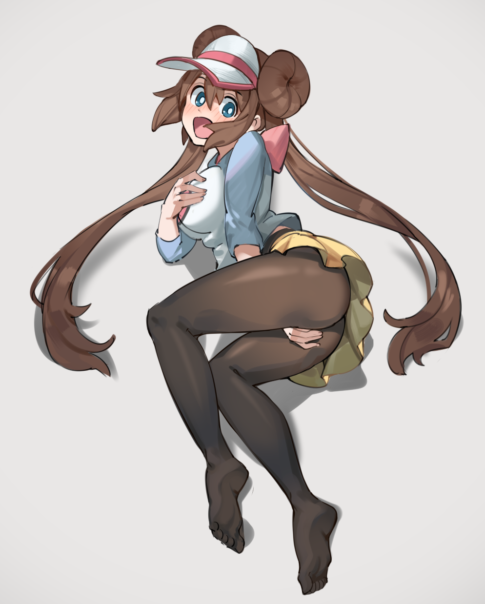 1girl bangs black_legwear blue_eyes blush bow breasts brown_hair commentary_request covering covering_breasts covering_crotch double_bun feet full_body hair_between_eyes highres long_hair looking_at_viewer mei_(pokemon) no_shoes open_mouth pantyhose pink_bow pokemon pokemon_(game) pokemon_bw2 shirt sidelocks simplecar skirt soles solo tongue twintails two-tone_headwear very_long_hair visor_cap yellow_skirt