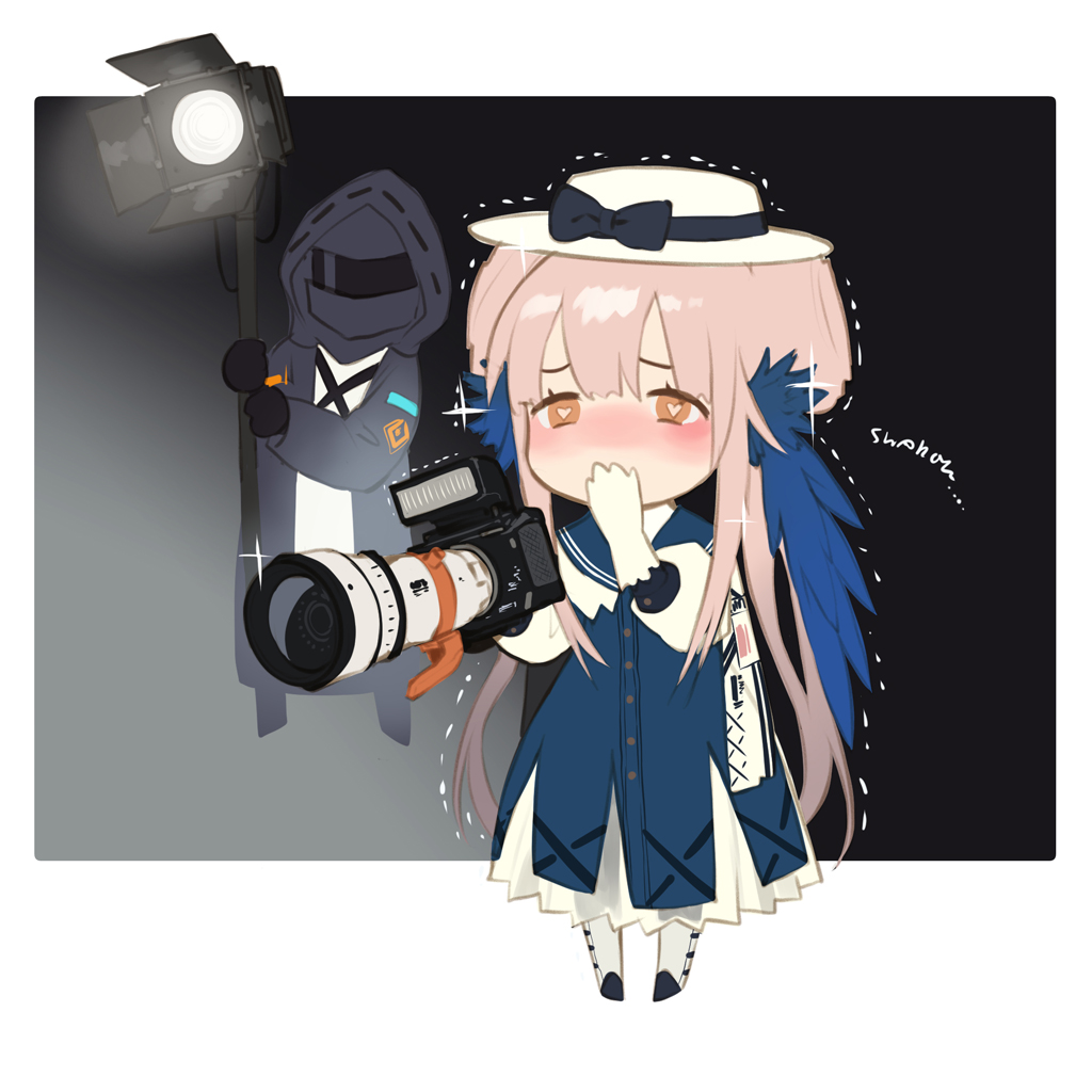 1girl 1other arknights bangs black_bow black_jacket blue_dress blush bow brown_eyes camera ceylon_(arknights) chibi commentary_request doctor_(arknights) dress full_body gloves hat hat_bow heart heart-shaped_pupils holding holding_camera hood hooded_jacket jacket long_hair long_sleeves nose_blush petticoat pink_hair salmon88 standing symbol-shaped_pupils very_long_hair white_gloves white_headwear