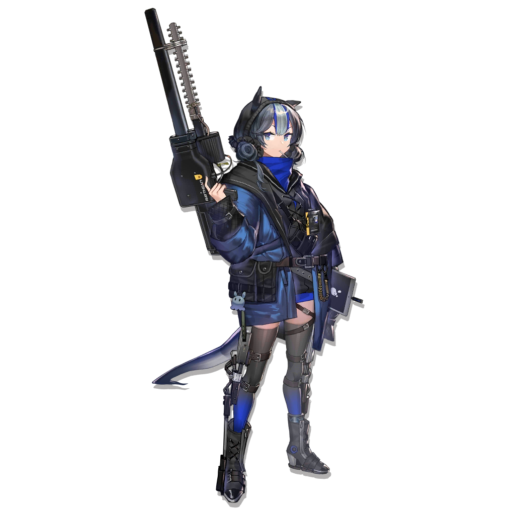 1girl animal_ears arknights bangs black_footwear black_legwear blue_eyes blue_hair blue_jacket boots full_body glaucus_(arknights) grey_hair gun hand_up holding holding_gun holding_weapon jacket long_sleeves looking_at_viewer mouth_hold multicolored_hair official_art rifle short_hair solo standing streaked_hair tablet_pc tail thigh-highs thigh_strap transparent_background weapon xiayehongming