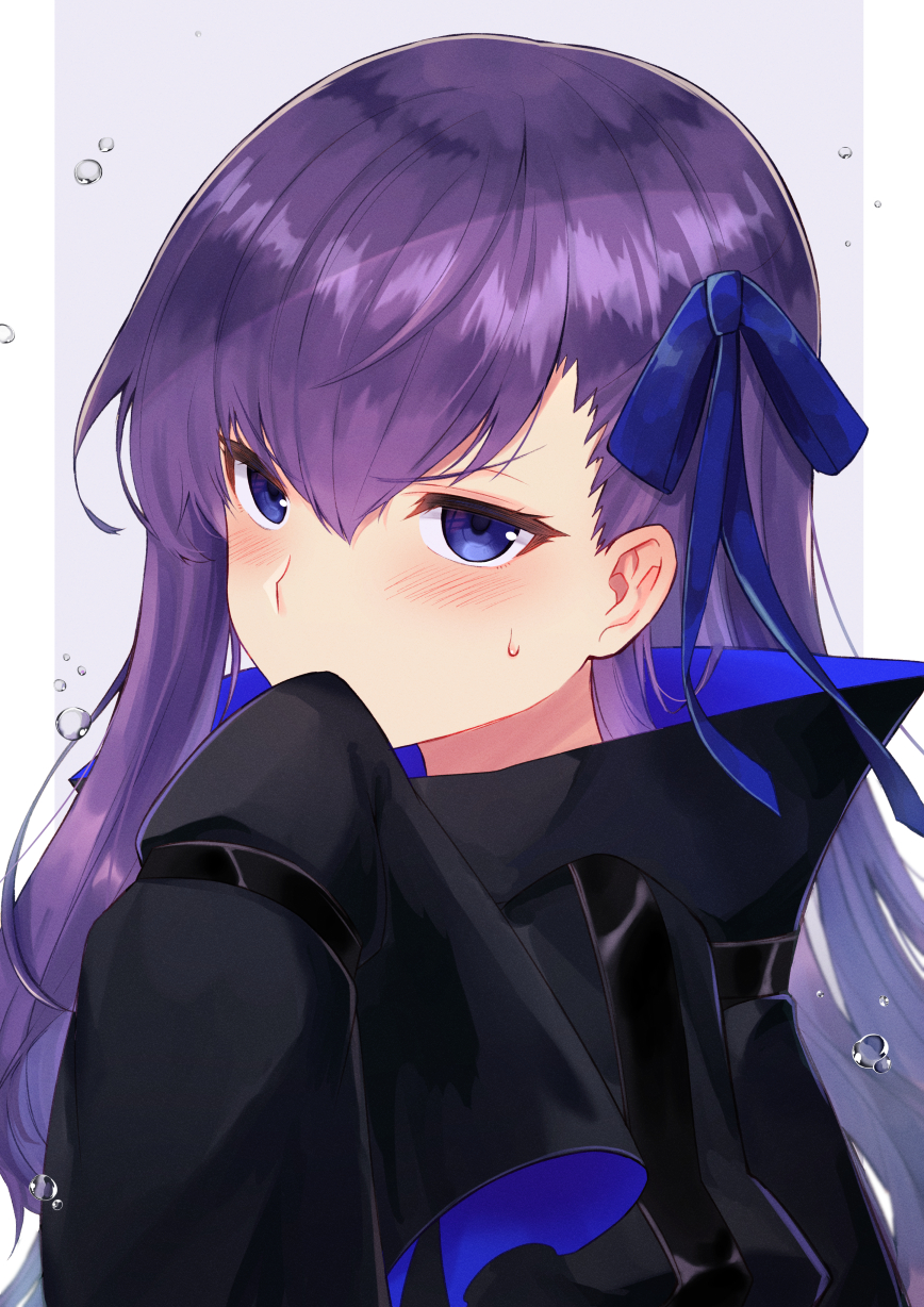 1girl bangs black_jacket blue_eyes blue_ribbon blush border breasts covering_mouth fate/extra fate/extra_ccc fate_(series) grey_background high_collar highres itsumi_mita jacket long_hair long_sleeves looking_at_viewer meltryllis purple_hair ribbon simple_background sleeves_past_fingers sleeves_past_wrists white_border
