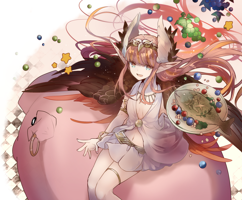 1girl :d blue_eyes bracelet breasts circe_(fate/grand_order) cyawa fate/grand_order fate_(series) fish food fruit grapes head_wings holding jewelry legband long_hair looking_at_viewer navel necklace open_mouth pig pink_hair pointy_ears skirt small_breasts smile solo tray white_robe white_skirt