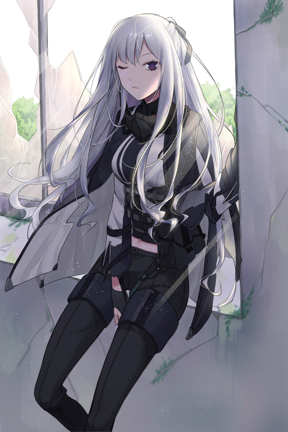 1girl ak-12_(girls_frontline) ammunition_pouch artificial_eye bangs between_legs braid broken_window closed_mouth eyebrows_visible_through_hair french_braid girls_frontline glass gloves hair_ribbon hand_between_legs highres leaning_on_object long_hair looking_at_viewer mask_around_neck mechanical_eye midriff one_eye_closed pants partly_fingerless_gloves pouch qb_516 ribbon sidelocks silver_hair tactical_clothes tree violet_eyes windowsill