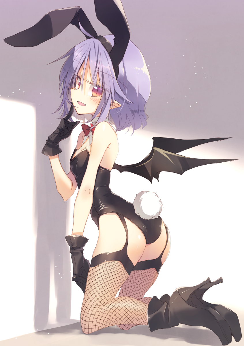 1girl alternate_costume animal_ears ass bat_wings black_footwear black_gloves black_legwear black_leotard black_wings boots bow bowtie breasts bunny_girl bunny_tail bunnysuit commentary_request detached_collar fake_animal_ears fangs finger_to_cheek fishnet_legwear fishnets full_body garter_straps gloves high_heels highres kneeling lavender_hair leotard medium_hair open_mouth pointy_ears rabbit_ears red_bow red_eyes red_neckwear remilia_scarlet satou_kibi slit_pupils small_breasts smile solo tail thigh-highs touhou wings