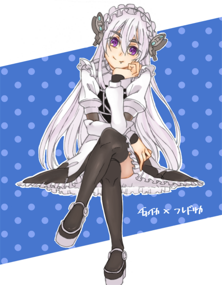 1girl bangs black_footwear black_skirt blue_background boots chaika_trabant closed_mouth crossed_legs eyebrows_visible_through_hair fang floating_hair frilled_skirt frills hair_between_eyes hare_(haaale) head_rest head_tilt hitsugi_no_chaika invisible_chair long_hair long_sleeves looking_at_viewer maid_headdress miniskirt polka_dot polka_dot_background silver_hair sitting sketch skirt smile solo thigh-highs thigh_boots two-tone_background very_long_hair violet_eyes white_background
