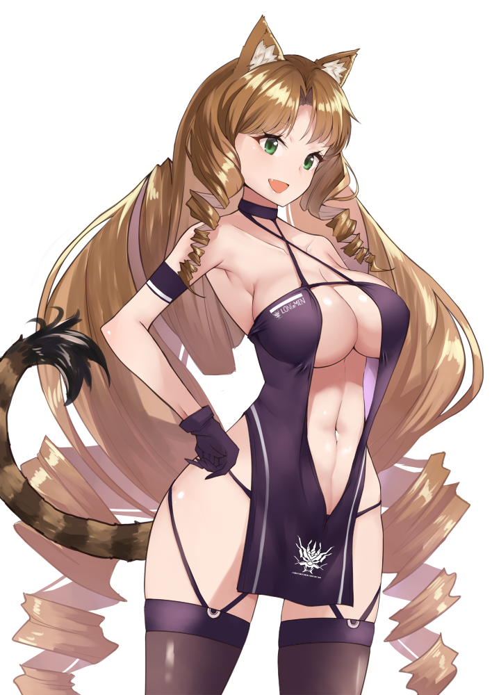 1girl :d animal_ear_fluff animal_ears arknights armband azur_lane bangs bare_arms bare_shoulders black_choker black_gloves black_legwear black_swimsuit breasts brown_hair choker commentary_request cosplay_request cowboy_shot criss-cross_halter drill_hair drill_locks gloves great_lungmen_logo green_eyes halterneck hand_on_hip large_breasts long_hair looking_at_viewer navel no_hat no_headwear one-piece_swimsuit open_mouth simple_background smile solo standing stomach swimsuit swire_(arknights) tail thigh-highs thighs tiger_ears tiger_tail very_long_hair white_background yuzuruka_(bougainvillea)