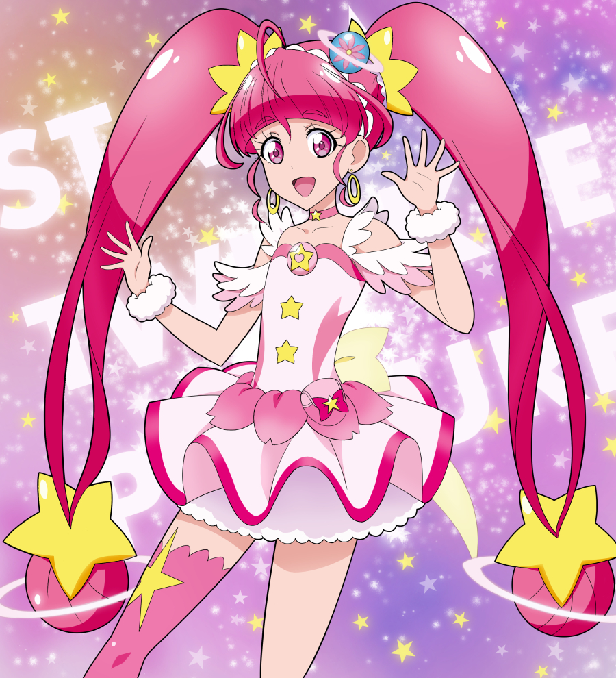 1girl :d ahoge bangs blunt_bangs choker collarbone copyright_name cure_star dress earrings eyebrows_visible_through_hair floating_hair hair_ornament jewelry layered_dress long_hair open_mouth pink_choker pink_dress pink_eyes pink_hair pink_legwear precure scrunchie shiny shiny_hair short_dress shoulder_cutout single_thighhigh smile solo star_(symbol) star_choker star_hair_ornament star_twinkle_precure tawashi_(tawashisan) thigh-highs very_long_hair white_scrunchie wrist_scrunchie