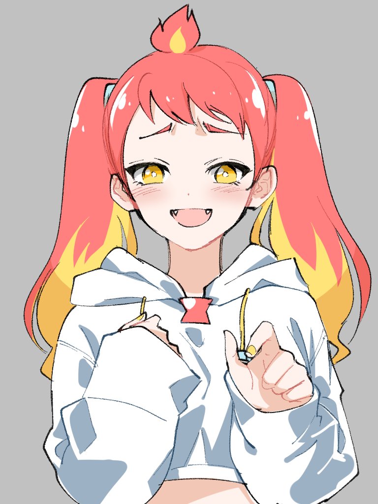 1girl :d blonde_hair blush commentary_request crop_top drawstring fangs forehead grey_background hands_up hikasa_tomoshika hood hood_down hoodie kiko_(kikobooom) long_hair long_sleeves looking_at_viewer multicolored_hair nail_polish open_mouth pointing pointing_at_viewer redhead simple_background sleeves_past_wrists smile solo two-tone_hair upper_body virtual_youtuber voms white_hoodie yellow_eyes yellow_nails