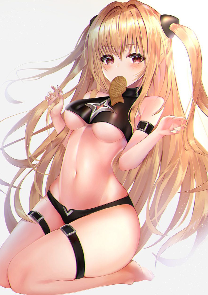 1girl bare_arms bare_legs bare_shoulders barefoot blonde_hair breasts buckle commentary_request cookie crop_top crop_top_overhang food full_body hands_up highres konjiki_no_yami long_hair medium_breasts navel open_mouth red_eyes seiza simple_background sitting solo stomach thigh_strap to_love-ru two_side_up under_boob very_long_hair w_arms white_background yk_(pixiv43531291)